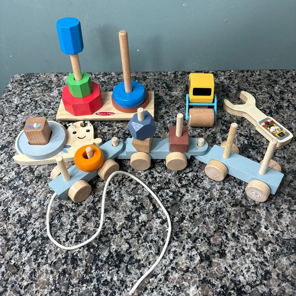 Melissa & Doug Speedy Monkey Wooden Toy Bundle Train Stacker Steamroller Snail
